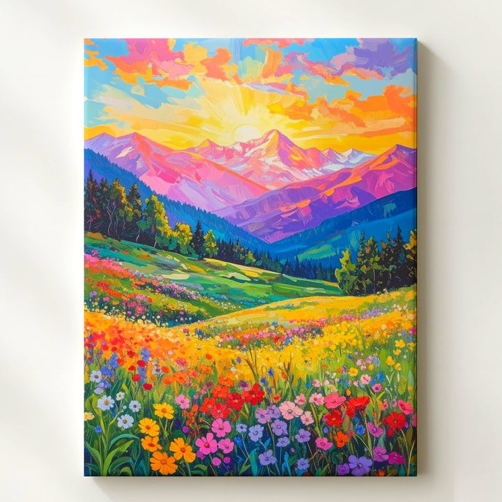 Sunset Mountain Valley Canvas – Vibrant Wildflower Meadow and Dramatic Sunset Landscape - Gifitto