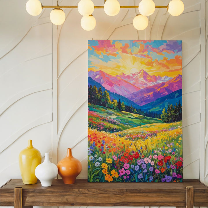 Sunset Mountain Valley Canvas – Vibrant Wildflower Meadow and Dramatic Sunset Landscape - Gifitto