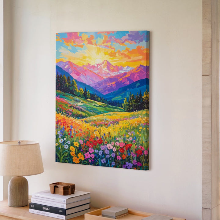 Sunset Mountain Valley Canvas – Vibrant Wildflower Meadow and Dramatic Sunset Landscape - Gifitto