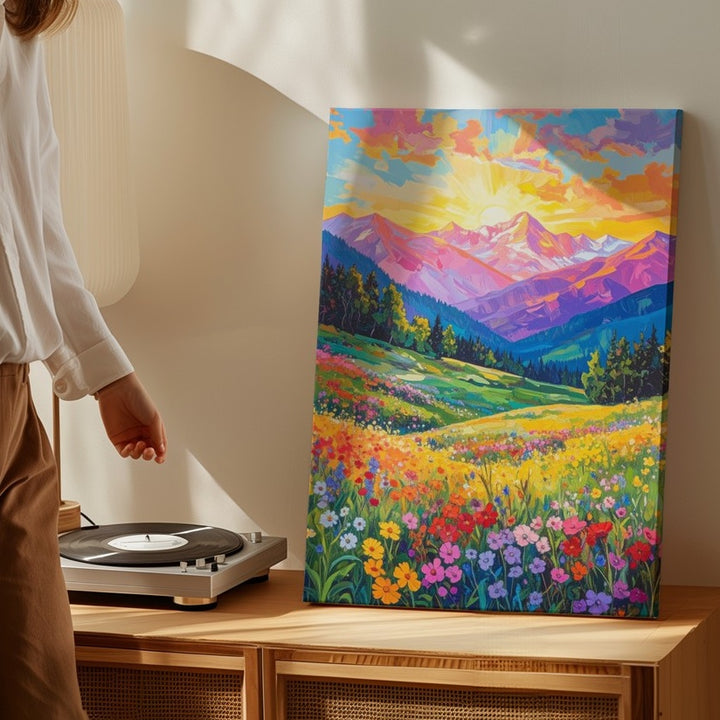 Sunset Mountain Valley Canvas – Vibrant Wildflower Meadow and Dramatic Sunset Landscape - Gifitto