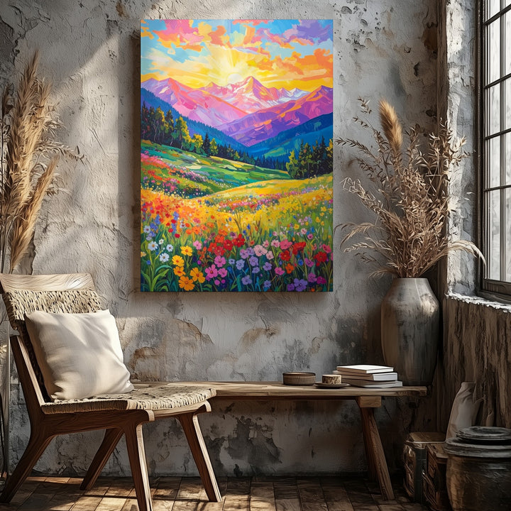 Sunset Mountain Valley Canvas – Vibrant Wildflower Meadow and Dramatic Sunset Landscape - Gifitto