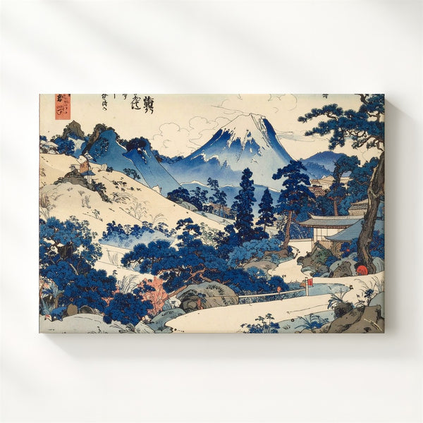Tranquil Mountain Temple Canvas – Japanese Woodblock Landscape with Castle & Pines - Gifitto