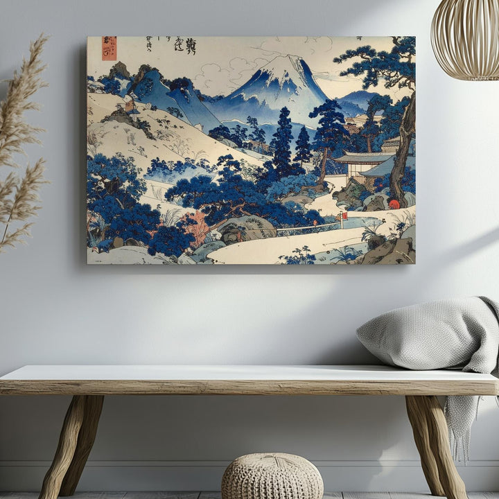 Tranquil Mountain Temple Canvas – Japanese Woodblock Landscape with Castle & Pines - Gifitto