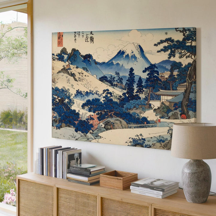 Tranquil Mountain Temple Canvas – Japanese Woodblock Landscape with Castle & Pines - Gifitto