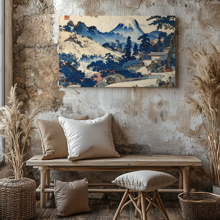 Tranquil Mountain Temple Canvas – Japanese Woodblock Landscape with Castle & Pines - Gifitto