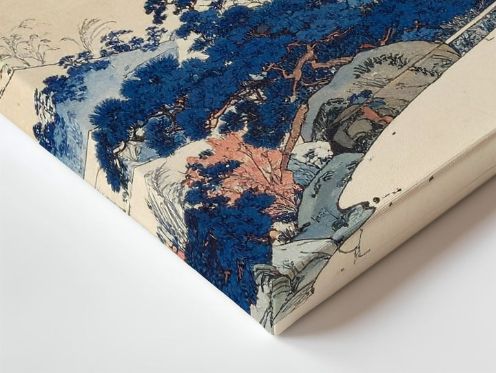 Tranquil Mountain Temple Canvas – Japanese Woodblock Landscape with Castle & Pines - Gifitto