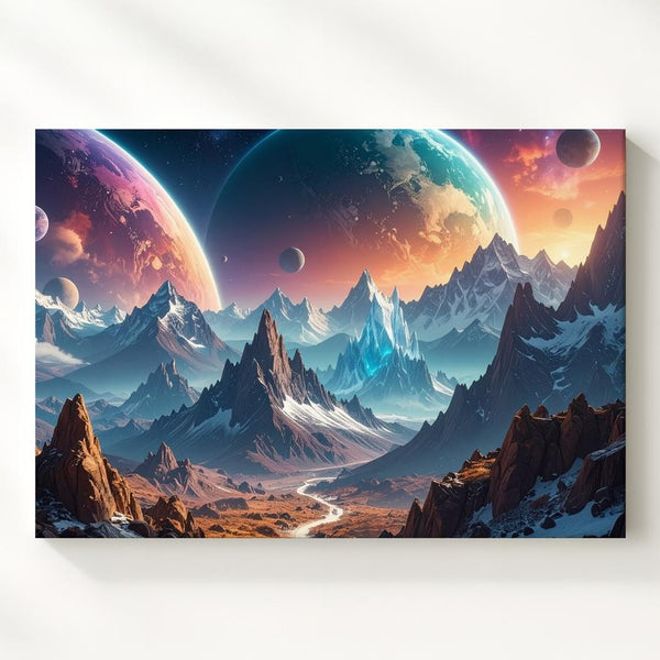 Frozen Alien World Canvas – Snow-Capped Mountains and Floating Planets - Gifitto