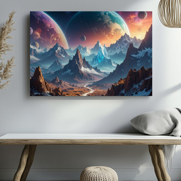Frozen Alien World Canvas – Snow-Capped Mountains and Floating Planets - Gifitto