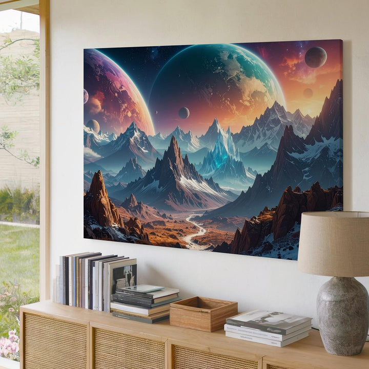Frozen Alien World Canvas – Snow-Capped Mountains and Floating Planets - Gifitto