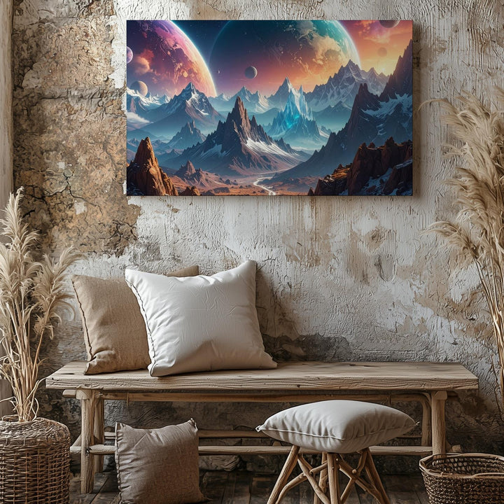 Frozen Alien World Canvas – Snow-Capped Mountains and Floating Planets - Gifitto
