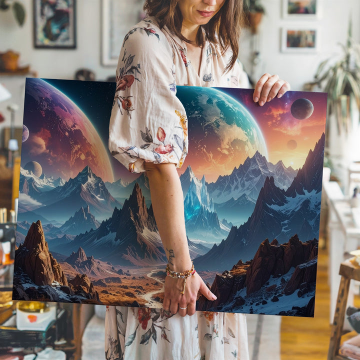 Frozen Alien World Canvas – Snow-Capped Mountains and Floating Planets - Gifitto