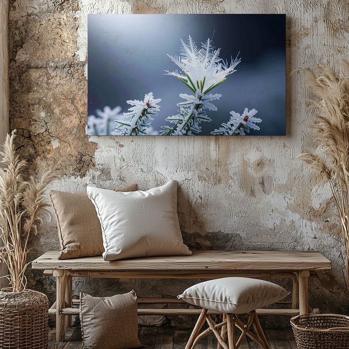 Frosted Pine & Snowflake Canvas – Macro Winter Nature Close-Up - Gifitto