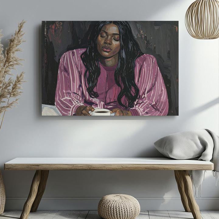 Reflective Woman in Burgundy Canvas – Modern Stylized Portrait Art - Gifitto