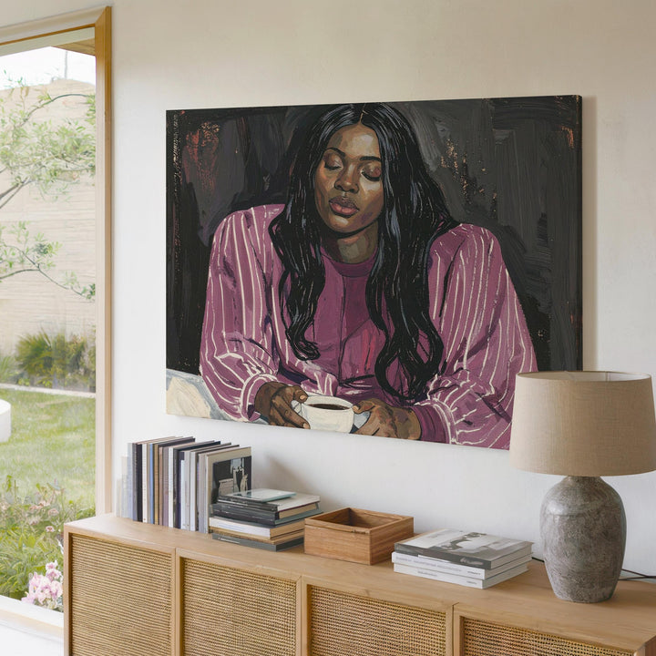 Reflective Woman in Burgundy Canvas – Modern Stylized Portrait Art - Gifitto