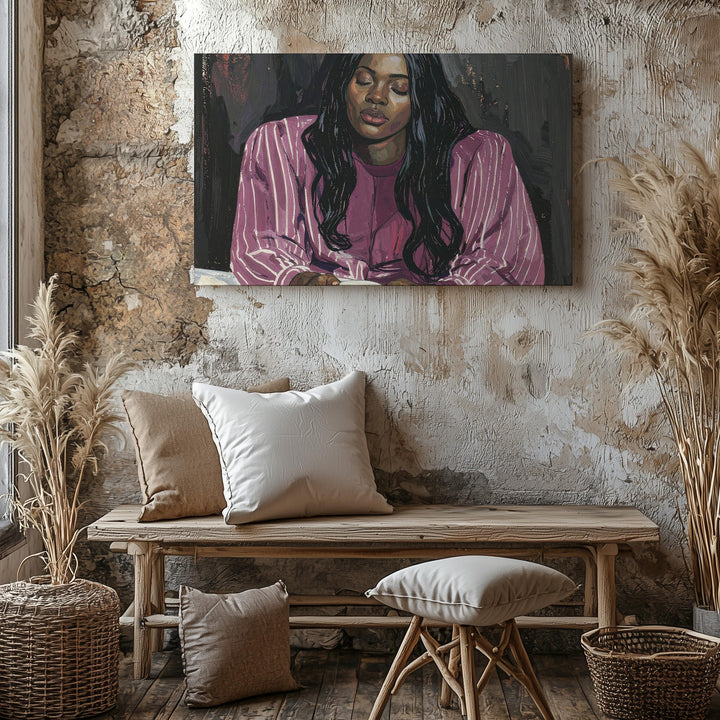 Reflective Woman in Burgundy Canvas – Modern Stylized Portrait Art - Gifitto