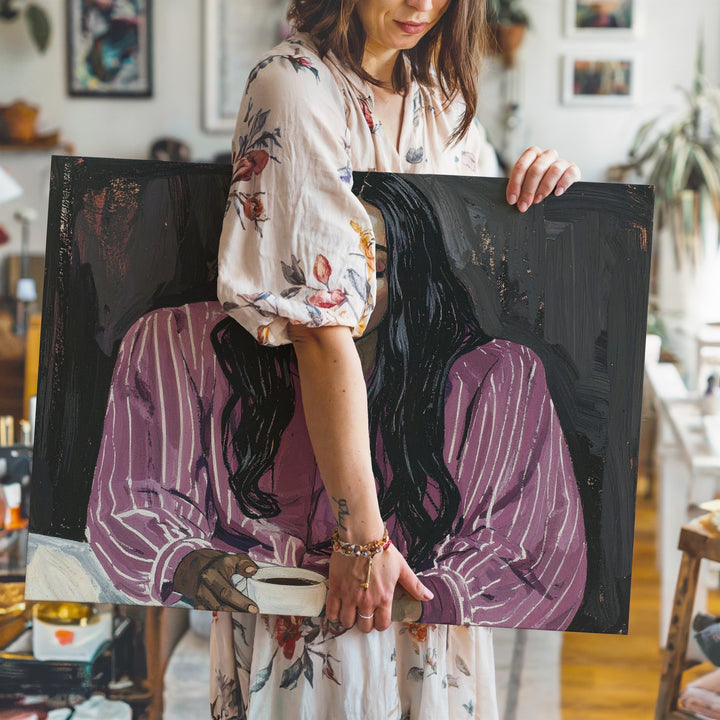 Reflective Woman in Burgundy Canvas – Modern Stylized Portrait Art - Gifitto