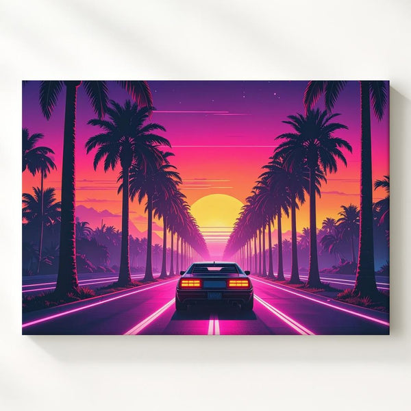 Synthwave Sunset Drive Canvas – Retro-Futuristic Neon Car & Palm Road Art - Gifitto