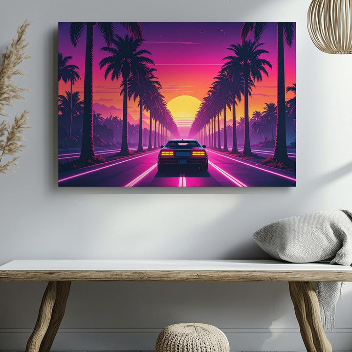 Synthwave Sunset Drive Canvas – Retro-Futuristic Neon Car & Palm Road Art - Gifitto