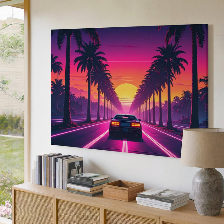 Synthwave Sunset Drive Canvas – Retro-Futuristic Neon Car & Palm Road Art - Gifitto