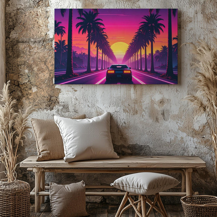Synthwave Sunset Drive Canvas – Retro-Futuristic Neon Car & Palm Road Art - Gifitto