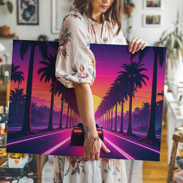 Synthwave Sunset Drive Canvas – Retro-Futuristic Neon Car & Palm Road Art - Gifitto