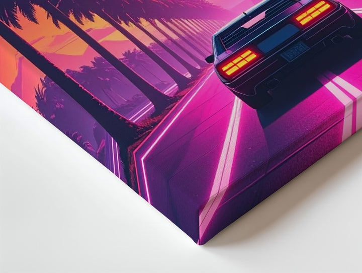 Synthwave Sunset Drive Canvas – Retro-Futuristic Neon Car & Palm Road Art - Gifitto