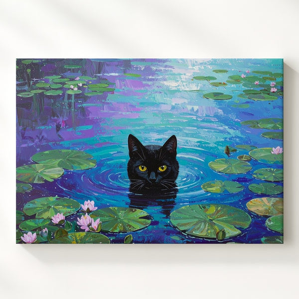 Mystic Pond Cat Canvas – Surreal Lily Pad Fantasy Wall Art - Gifitto