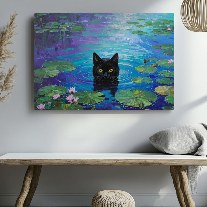 Mystic Pond Cat Canvas – Surreal Lily Pad Fantasy Wall Art - Gifitto