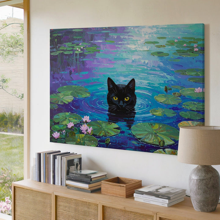 Mystic Pond Cat Canvas – Surreal Lily Pad Fantasy Wall Art - Gifitto