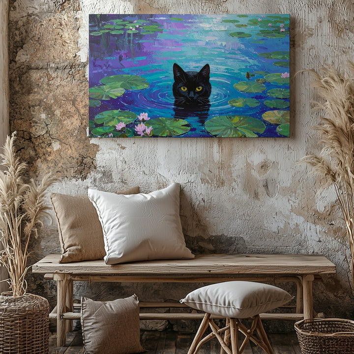 Mystic Pond Cat Canvas – Surreal Lily Pad Fantasy Wall Art - Gifitto