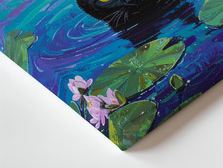 Mystic Pond Cat Canvas – Surreal Lily Pad Fantasy Wall Art - Gifitto