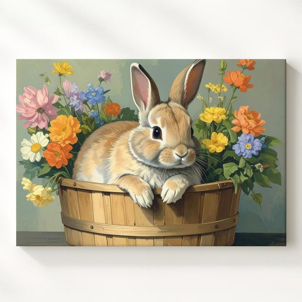 Cozy Rabbit in Flower Basket Canvas – Spring Comfort Wall Art - Gifitto