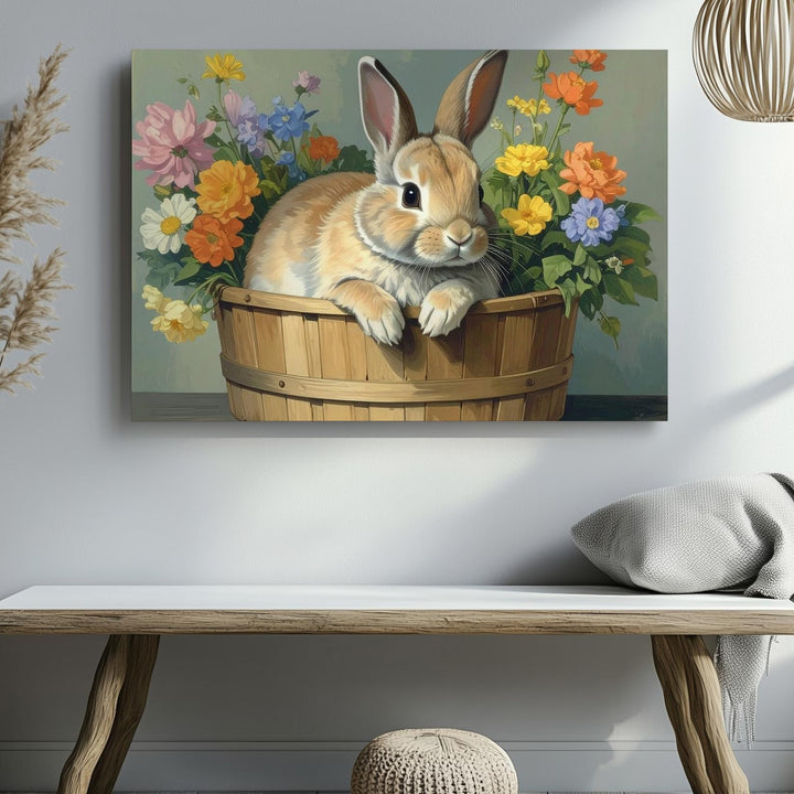 Cozy Rabbit in Flower Basket Canvas – Spring Comfort Wall Art - Gifitto