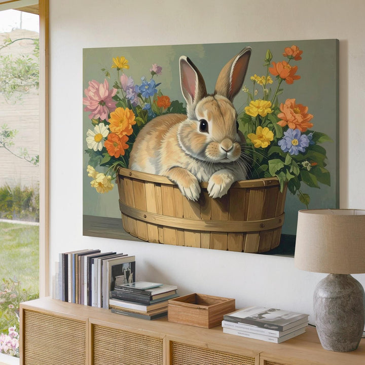 Cozy Rabbit in Flower Basket Canvas – Spring Comfort Wall Art - Gifitto