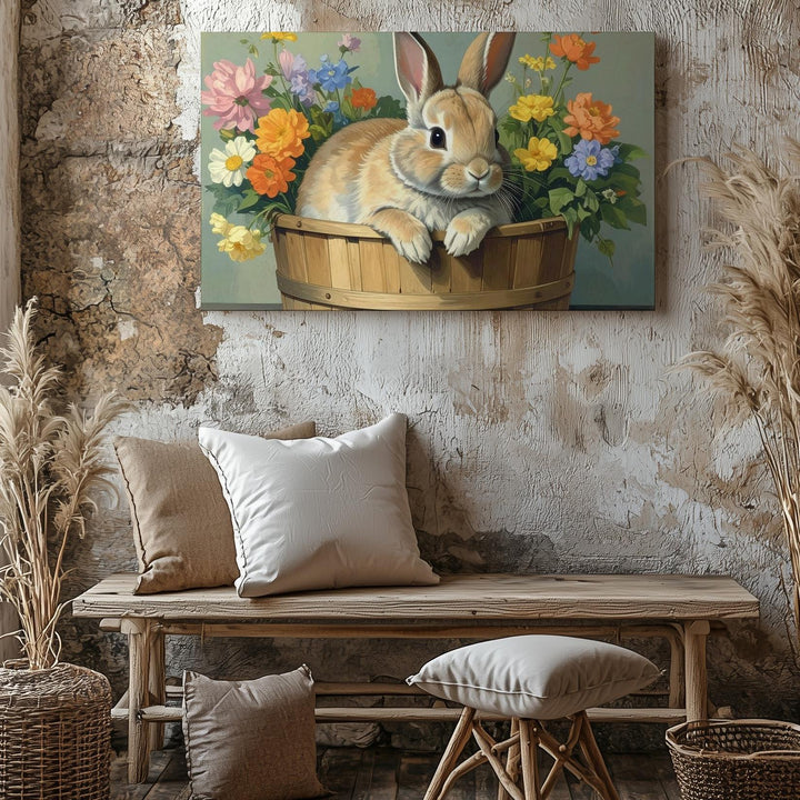 Cozy Rabbit in Flower Basket Canvas – Spring Comfort Wall Art - Gifitto