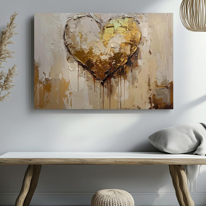 Emotional Heart Canvas – Textured Gold and Beige Abstract Artwork - Gifitto