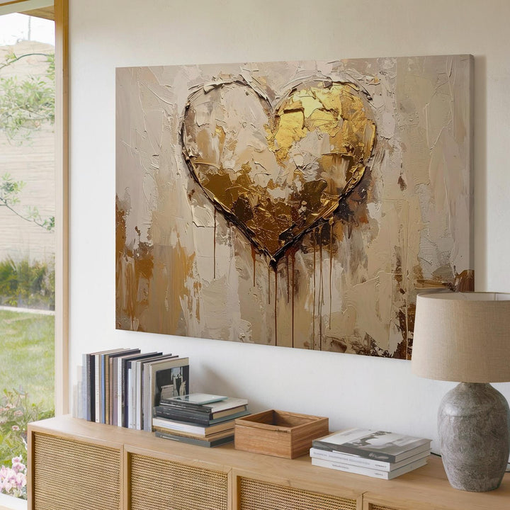 Emotional Heart Canvas – Textured Gold and Beige Abstract Artwork - Gifitto