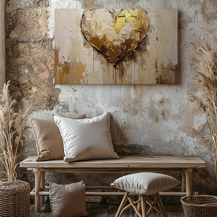 Emotional Heart Canvas – Textured Gold and Beige Abstract Artwork - Gifitto