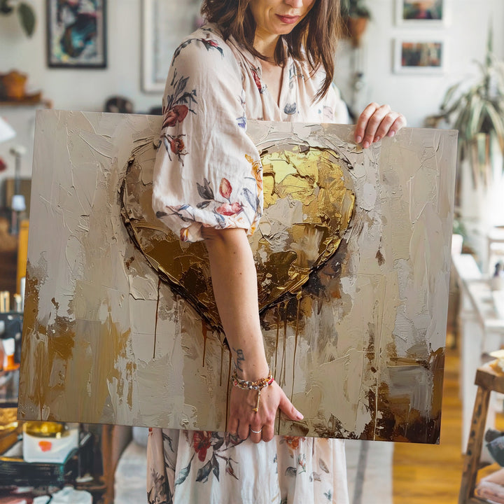 Emotional Heart Canvas – Textured Gold and Beige Abstract Artwork - Gifitto