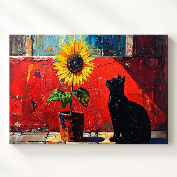Curious Black Cat and Sunflower Canvas – Whimsical Painting with Bold Colors - Gifitto