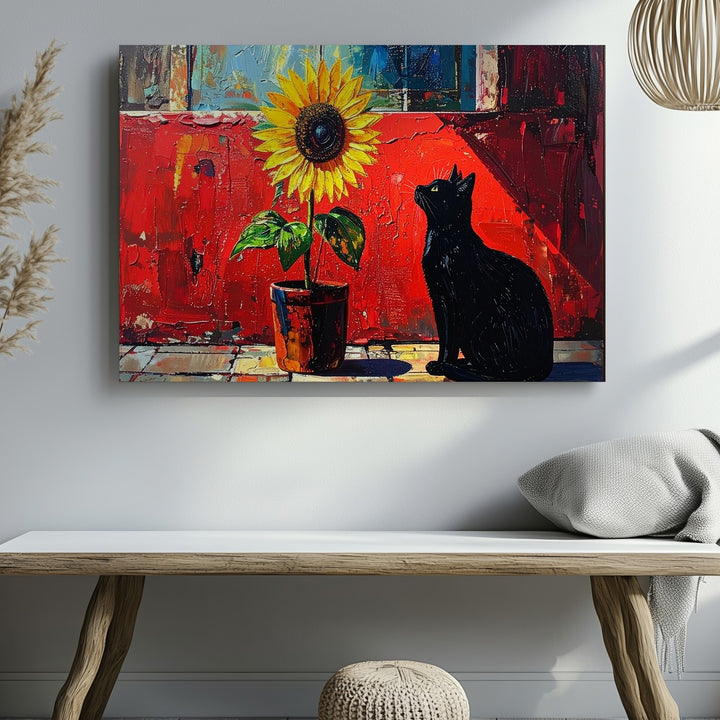 Curious Black Cat and Sunflower Canvas – Whimsical Painting with Bold Colors - Gifitto