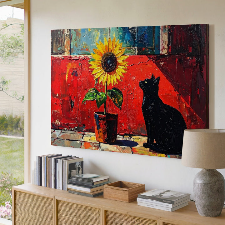 Curious Black Cat and Sunflower Canvas – Whimsical Painting with Bold Colors - Gifitto