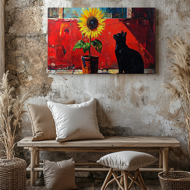 Curious Black Cat and Sunflower Canvas – Whimsical Painting with Bold Colors - Gifitto