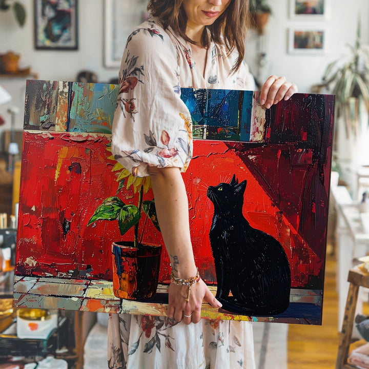 Curious Black Cat and Sunflower Canvas – Whimsical Painting with Bold Colors - Gifitto