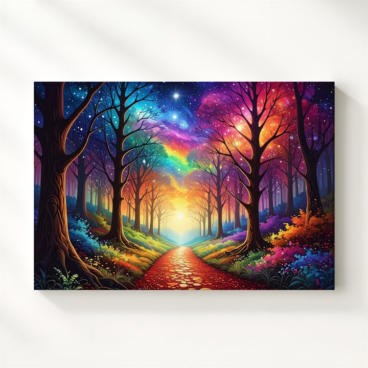 Cosmic Forest Path Canvas – Rainbow Light Trail Through Starlit Woods - Gifitto