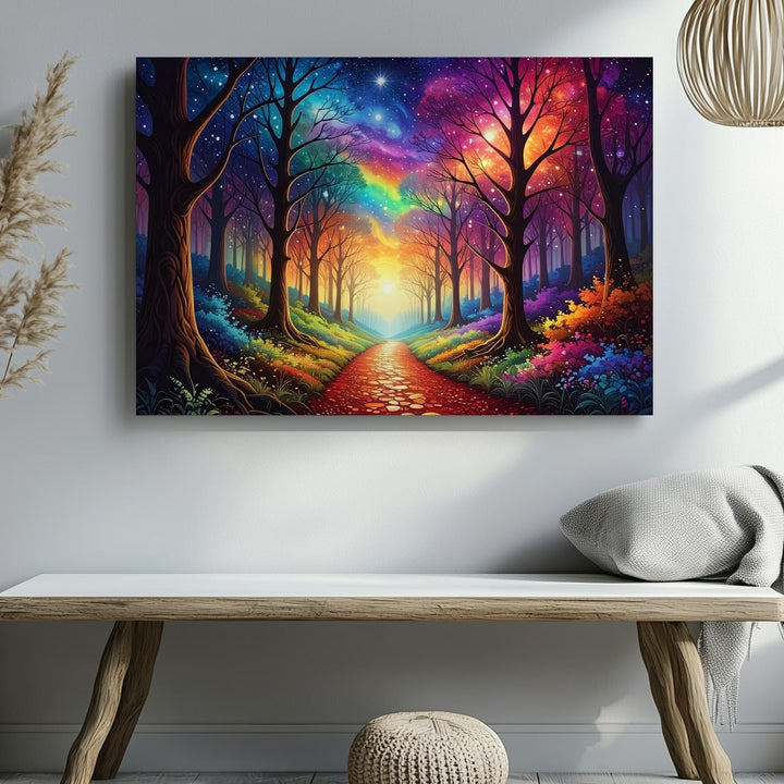 Cosmic Forest Path Canvas – Rainbow Light Trail Through Starlit Woods - Gifitto