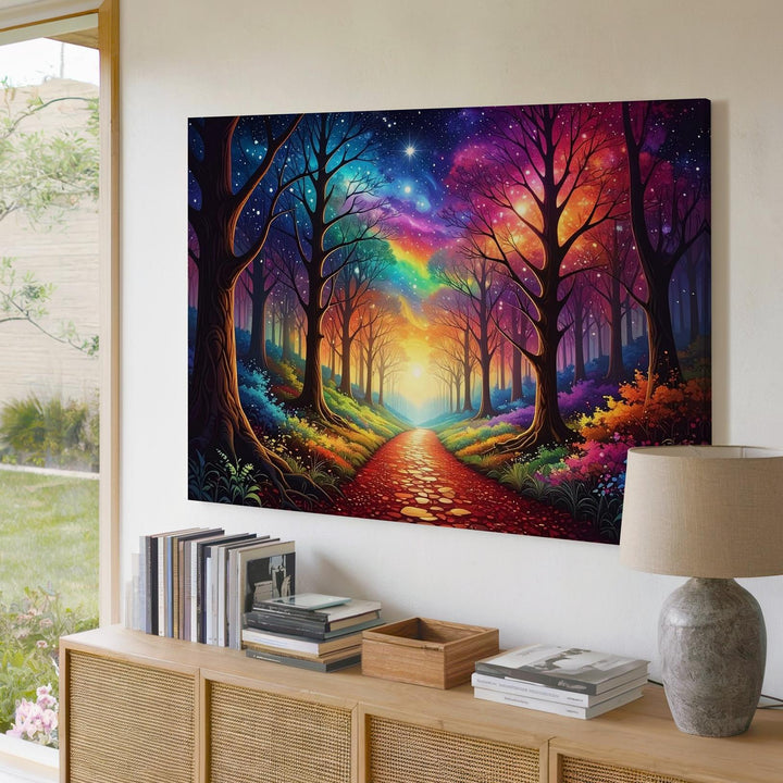 Cosmic Forest Path Canvas – Rainbow Light Trail Through Starlit Woods - Gifitto