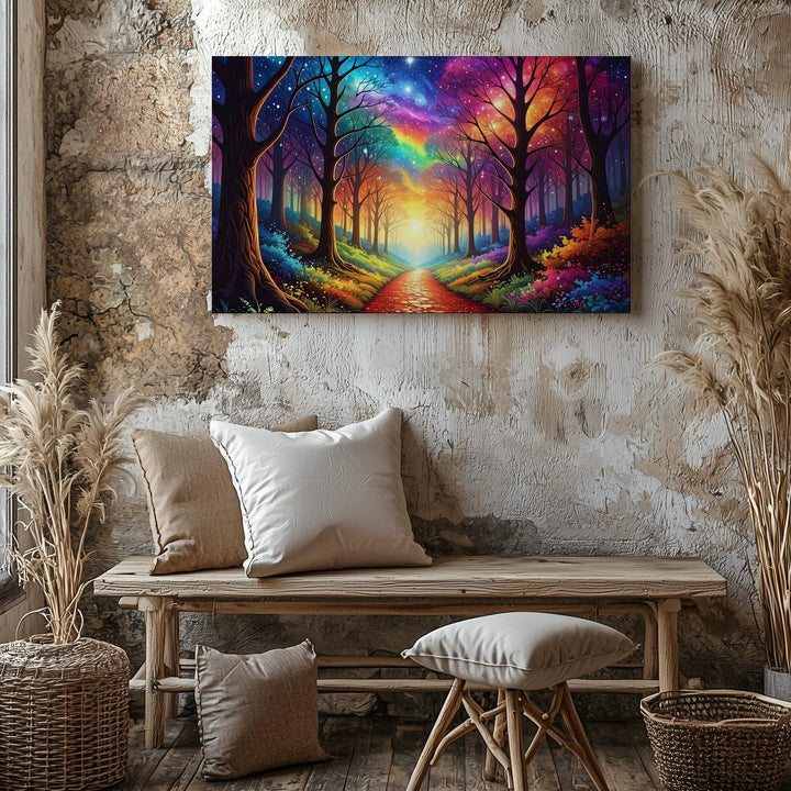 Cosmic Forest Path Canvas – Rainbow Light Trail Through Starlit Woods - Gifitto