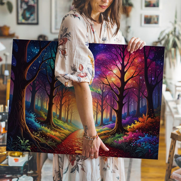Cosmic Forest Path Canvas – Rainbow Light Trail Through Starlit Woods - Gifitto