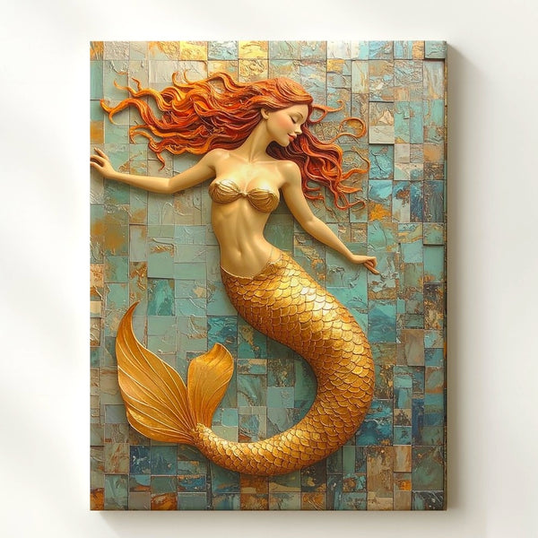 Golden Mermaid Sculpture Canvas – Dynamic Oceanic Elegance Wall Art - Gifitto
